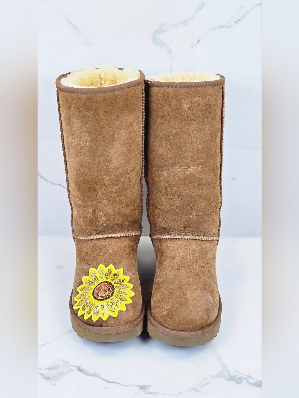 UGG Classic Tall Boots Chestnut Suede Sunflower Patch Custom Size 6 Womens